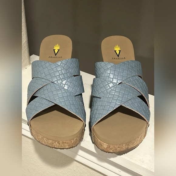 Blue Woven Cork Wedge Sandals - Picture 3 of 4